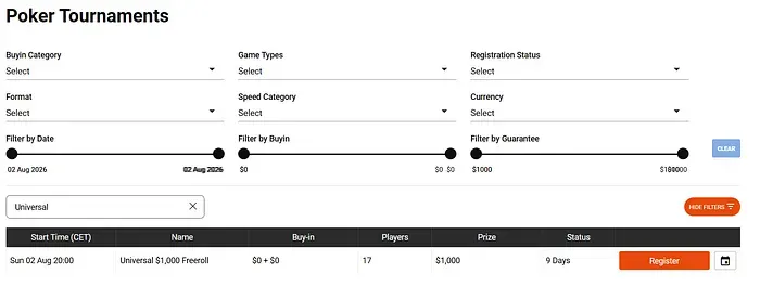 Tổng quan về Universal $1,000 Freeroll